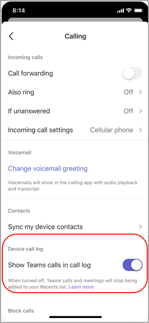 Zobrazení nebo skrytí volání týmů v protokolu hovorů v iOSu