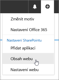 Nastavení nabídka se zvýrazněnou možností Obsah webu