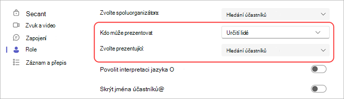 Snímek obrazovky znázorňující výběr prezentujících ve schůzce Teams