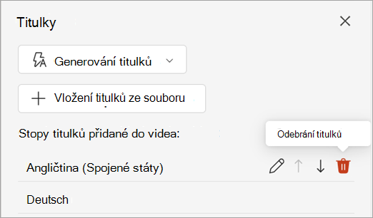 Tlačítko Odebrat titulky pro stopu titulků v podokně Titulky