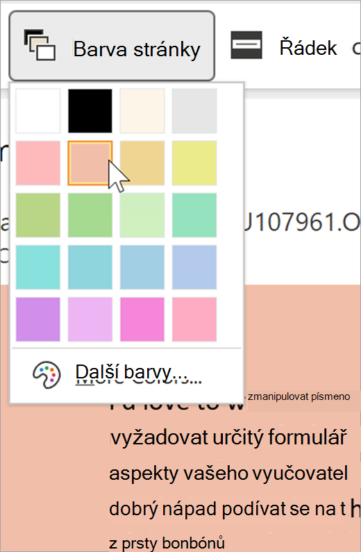 Snímek obrazovky s rozevírací nabídkou barvy stránky pro Asistivní čtečku. Zobrazí se barevná paleta a pozadí zobrazené za rozevíracím seznamem je pastelově oranžové