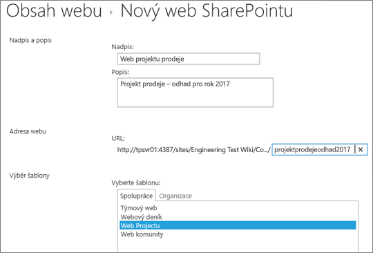 Obrazovku vytváření podřízeného webu služby SharePoint 2016