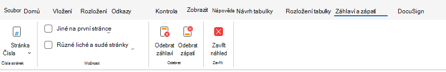 Možnosti záhlaví a zápatí na pásu karet