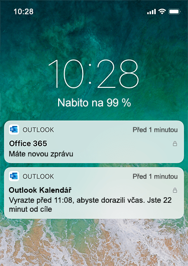 Na obrázku se zamykací obrazovkou iPhonu s oznámeními Outlooku se kromě nové příchozí zprávy nezobrazují žádné podrobné informace.