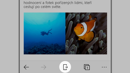 Screenshot aplikace Microsoft Edge v systému iOS se zvýrazněnou ikonou Pokračovat na osobním počítači