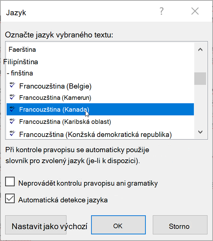 Snímek obrazovky z Wordu Místní seznam obsahuje jazyky, které je možné vybrat. Je zaškrtnuté políčko "Automaticky rozpoznávat jazyk". 