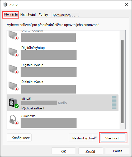 Přístup k vlastnostem výstupního zvukového zařízení v nastavení zvuku ve Windows 11.