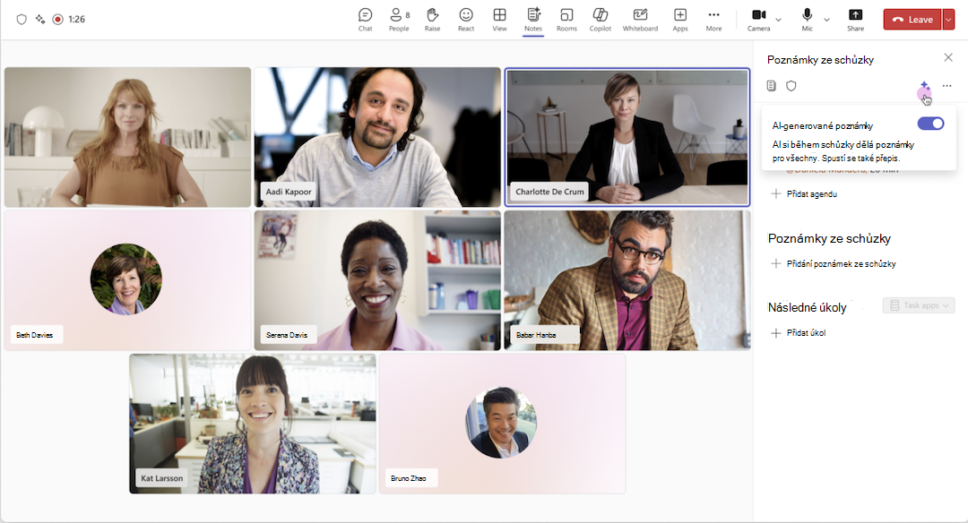 Zapněte poznámky vygenerované pomocí umělé inteligence pomocí přepínače během schůzky v Teams.
