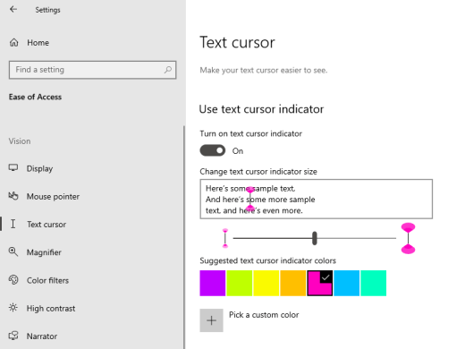 Vybraný indikátor kurzoru textu v systému Windows