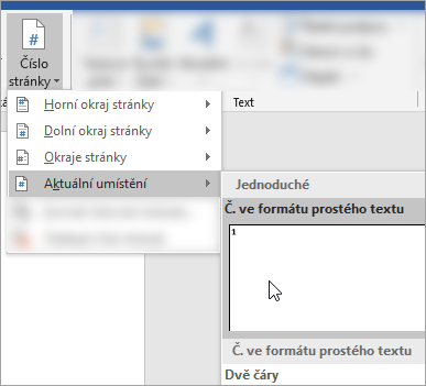 Snímek obrazovky, který ukazuje, že na aktuální pozici v dokumentu zvolíte číslo stránky ve formátu Prostého formátu.