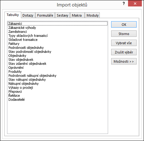 Výběr objektů k importu v dialogovém okně Import objektů