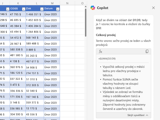 Snímek obrazovky znázorňující vysvětlení vzorců pomocí funkce Copilot v Excelu.