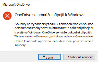 Snímek obrazovky s problémem s OneDrivem