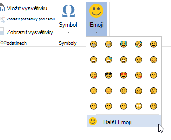 Na kartě Vložení klikněte na tlačítko více Emoji na Emoji a vyberte ze všech dostupných emoji.