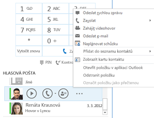 Snímek obrazovky kontroly hlasové pošty v Lyncu