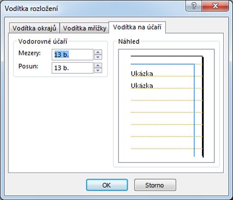 Dialogové okno Vodítka rozložení aplikace Publisher zobrazující kartu Vodítka na účaří
