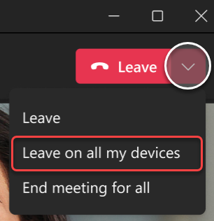 Snímek obrazovky s rozevíracím seznamem Opustit schůzku v Teams pro desktop