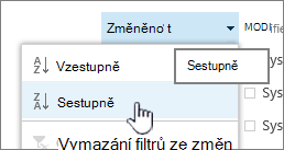 Rozevírací nabídka řazení v záhlaví sloupce