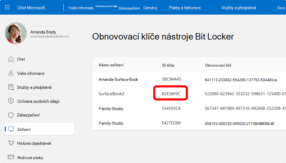 Snímek obrazovky s obnovovacími klíči nástroje BitLocker pro účet Microsoft