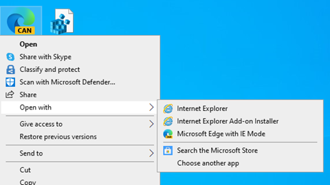 Když kliknete pravým tlačítkem na ikonu souboru VSDX, nabídka obsahuje možnost otevření souboru pro "Microsoft Edge s režimem IE".