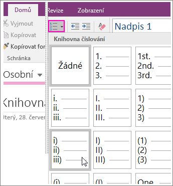 Snímek obrazovky s přidáním číslování na stránku ve OneNotu 2016