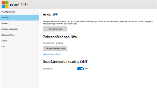 Screenshot obrazovky zabezpečení v Surface UEFI