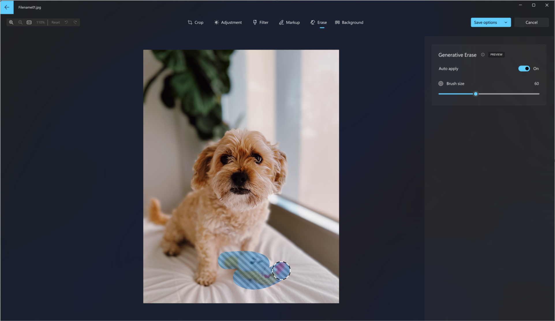 Snímek obrazovky s nástrojem generativního mazání, který se používá na fotografii psa k vymazání psí toy z obrázku