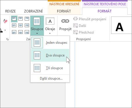 Snímek obrazovky Nástroje textového pole – sloupce v Publisheru