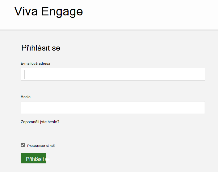 Snímek obrazovky ukazuje obrazovku, na které zadáte e-mailovou adresu a heslo přidružené k účtu Viva Engage.