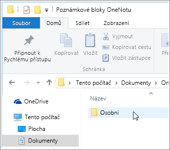 Snímek obrazovky složky Dokumenty Windows s viditelnou složkou poznámkového bloku OneNotu