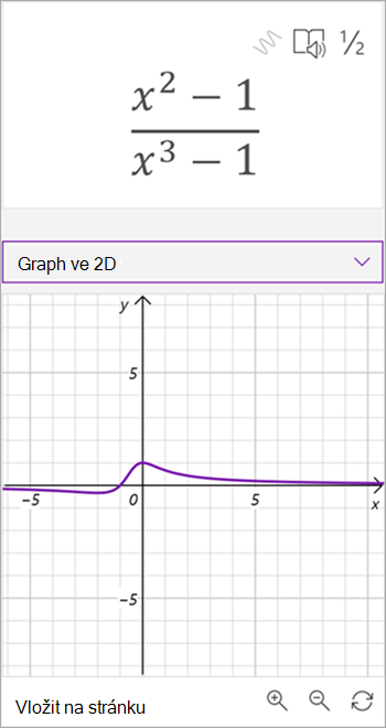 Snímek obrazovky s grafem vygenerovaného pomocníkem pro matematiku pro rovnici x na druhou – 1 přes x až třetí minus 1