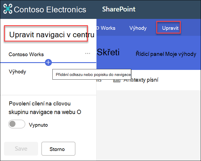 snímek obrazovky s úpravou navigace v centru