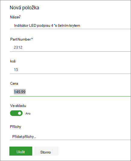 Formulář s jednou položkou pro seznam