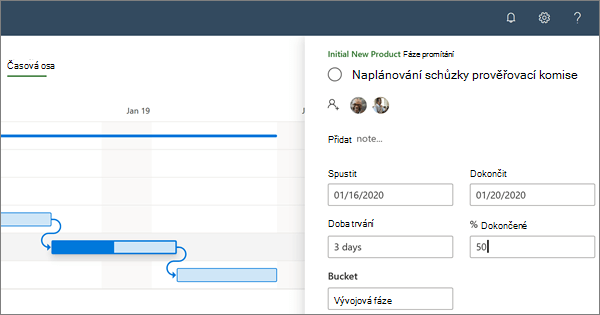 Podokno podrobností v zobrazení Časová osa v Planner zobrazující průběh závislé úlohy
