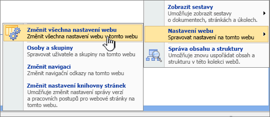 Možnost změnit všechna nastavení webu v části Nastavení webu