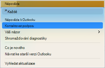 Kontaktovat podporu v Outlooku – snímek obrazovky
