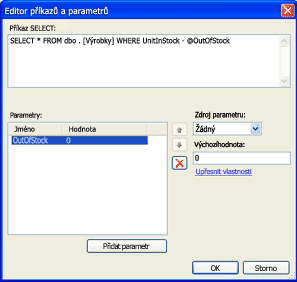 Editor příkazů a parametrů s parametrem příkazu SQL