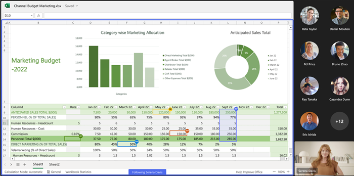 Snímek obrazovky účastníka (prohlížeče) během relace Excel Live v Teams