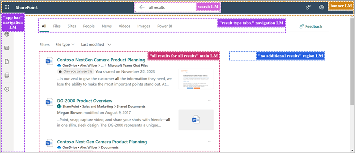The Search results page with the keyword 'all results' in the search box. It shows all the major landmarks on the search results page in SharePoint.