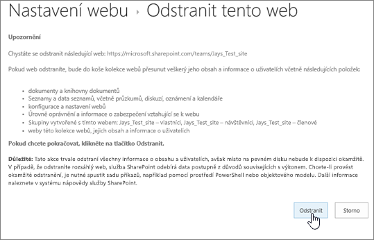 Obrazovka s upozorněním a potvrzením odstranění webu