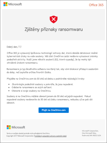Snímek obrazovky s e-mailem pro detekci ransomwaru od Microsoftu