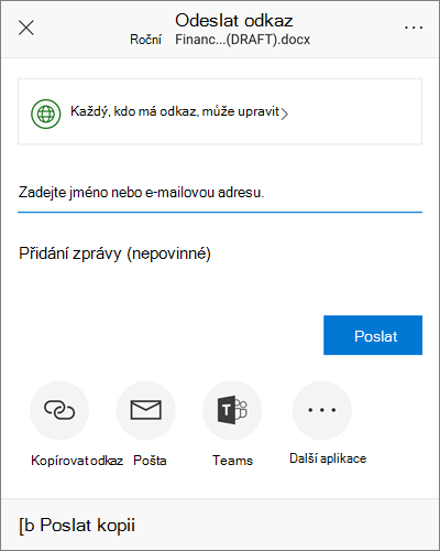 Snímek obrazovky s dialogovým oknem sdílení v Androidu