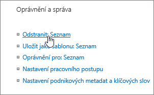 Dialogové okno Nastavení seznamu se zvýrazněnou možnost Odstranit tento seznam