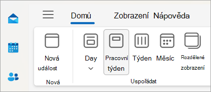 Snímek obrazovky s pásem karet v novém Outlooku s výběrem pro změnu zobrazení kalendáře