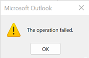 Chyba selhání operace Aplikace Outlook