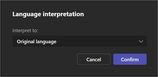 Snímek obrazovky s rozevírací nabídkou pro potvrzení jazyka při interpretaci jazyka pro Microsoft Teams