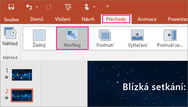 Zobrazuje přechod Morfing v nabídce Přechody v PowerPointu 2016.