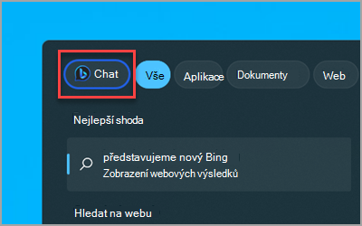 Nové tlačítko Chat Bingu ve vyhledávacím poli Windows 11 na hlavním panelu.