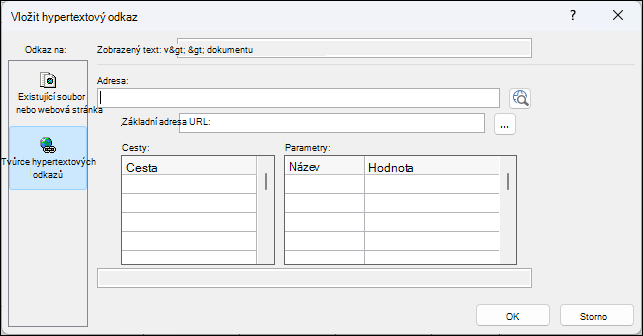Dialogové okno Vložit hypertextový odkaz v Accessu