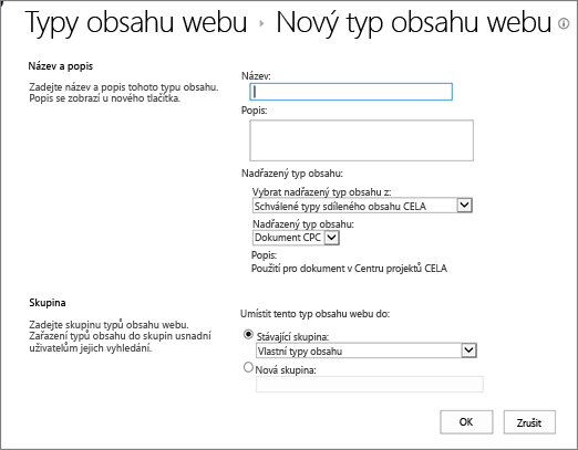 Dialogové okno pro vytváření typů obsahu